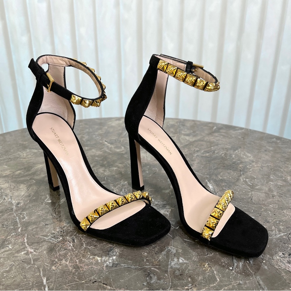 NEW Stuart Weitzman The Rosist Black Suede and Gold Studded Sandal Heels